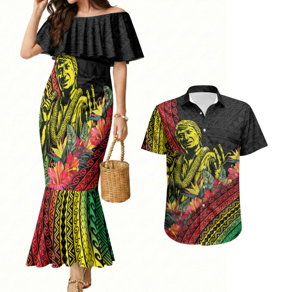 Retro Hawaiian Singer Couples Matching Mermaid Dress and Hawaiian Shirt Polynesian Style Tropical Flowers