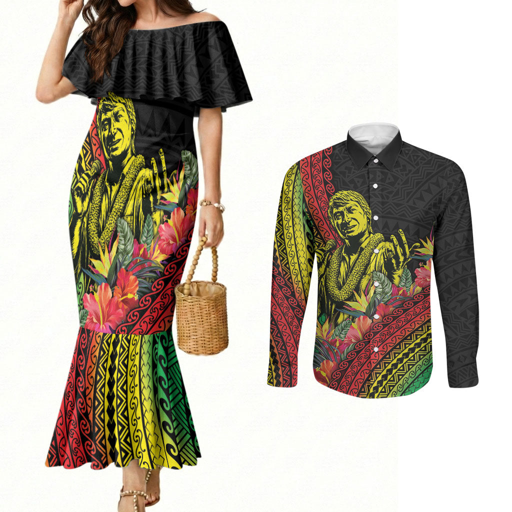 Retro Hawaiian Singer Couples Matching Mermaid Dress and Long Sleeve Button Shirt Polynesian Style Tropical Flowers