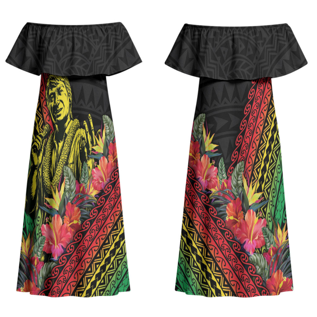 Retro Hawaiian Singer Couples Matching Off Shoulder Maxi Dress and Long Sleeve Button Shirt Polynesian Style Tropical Flowers LT05 - Polynesian Pride