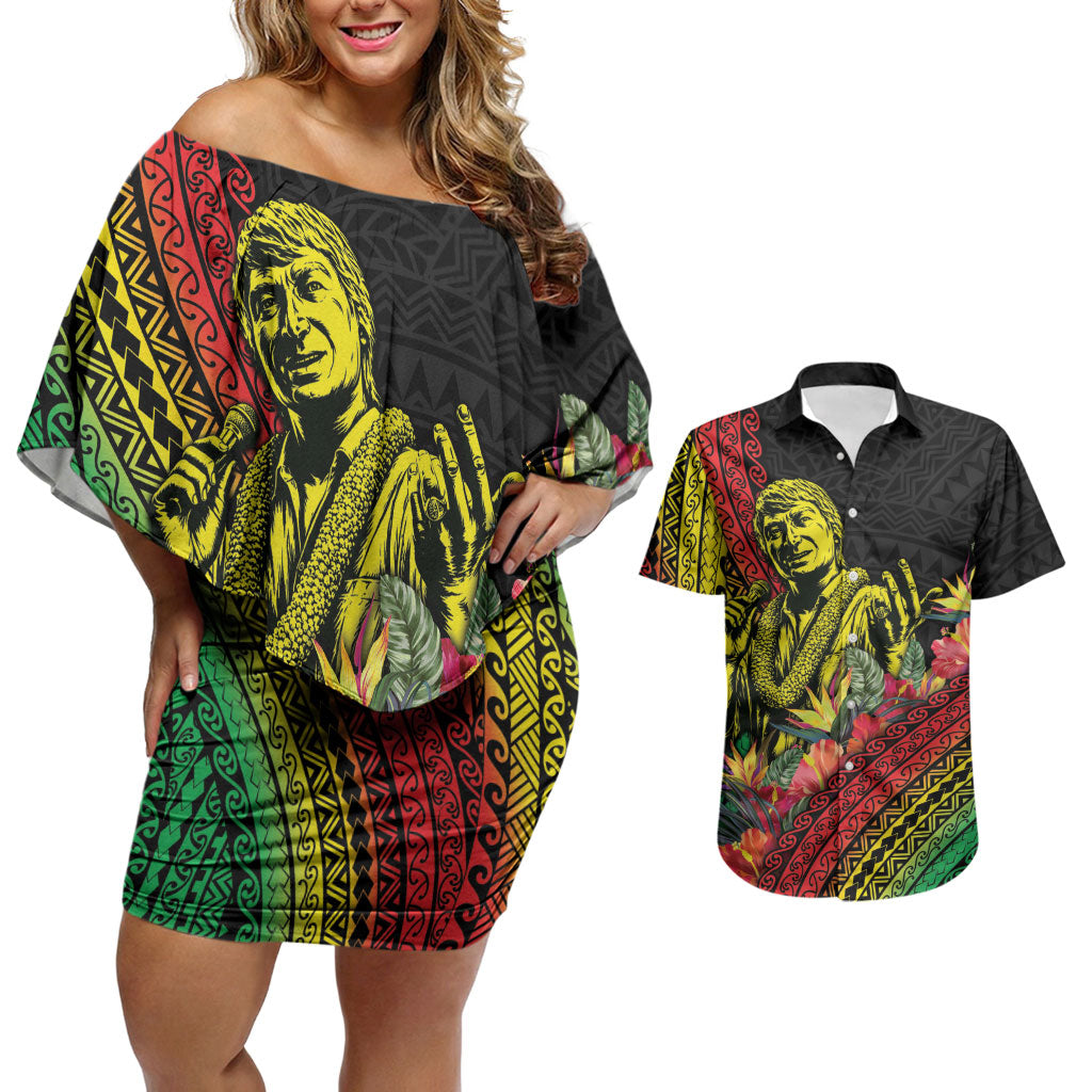 Retro Hawaiian Singer Couples Matching Off Shoulder Short Dress and Hawaiian Shirt Polynesian Style Tropical Flowers