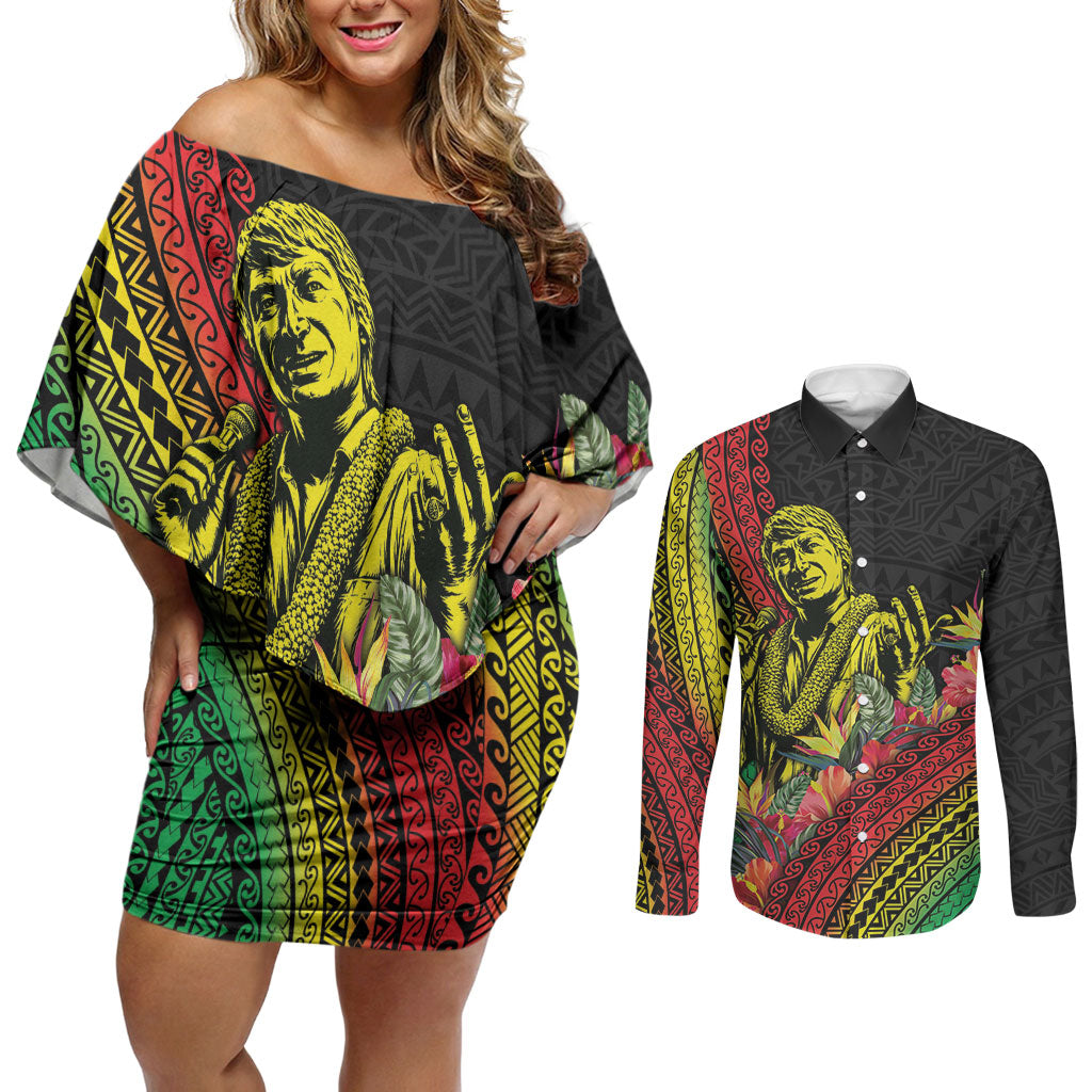 Retro Hawaiian Singer Couples Matching Off Shoulder Short Dress and Long Sleeve Button Shirt Polynesian Style Tropical Flowers