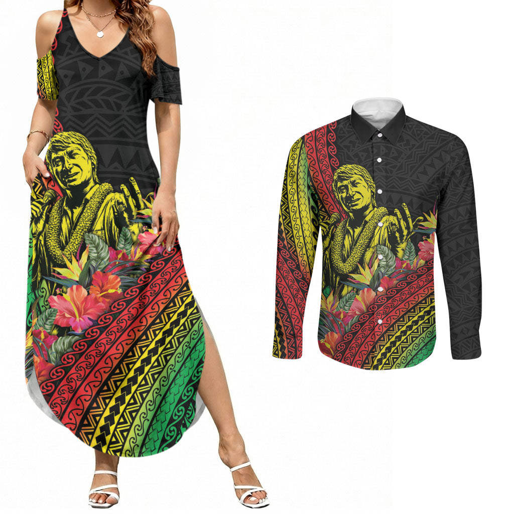 Retro Hawaiian Singer Couples Matching Summer Maxi Dress and Long Sleeve Button Shirt Polynesian Style Tropical Flowers
