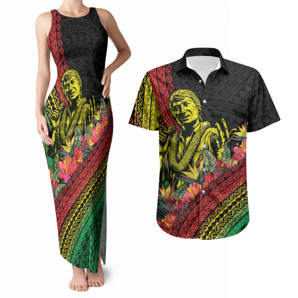 Retro Hawaiian Singer Couples Matching Tank Maxi Dress and Hawaiian Shirt Polynesian Style Tropical Flowers