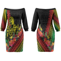Retro Hawaiian Singer Family Matching Off The Shoulder Long Sleeve Dress and Hawaiian Shirt Polynesian Style Tropical Flowers LT05 Mom's Dress Black - Polynesian Pride