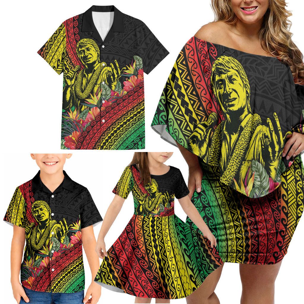 Retro Hawaiian Singer Family Matching Off Shoulder Short Dress and Hawaiian Shirt Polynesian Style Tropical Flowers