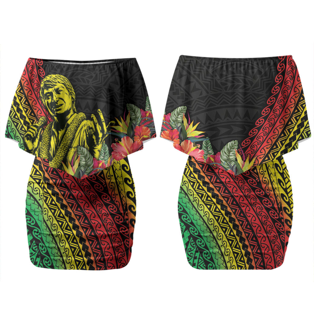 Retro Hawaiian Singer Family Matching Off Shoulder Short Dress and Hawaiian Shirt Polynesian Style Tropical Flowers LT05 Mom's Dress Black - Polynesian Pride