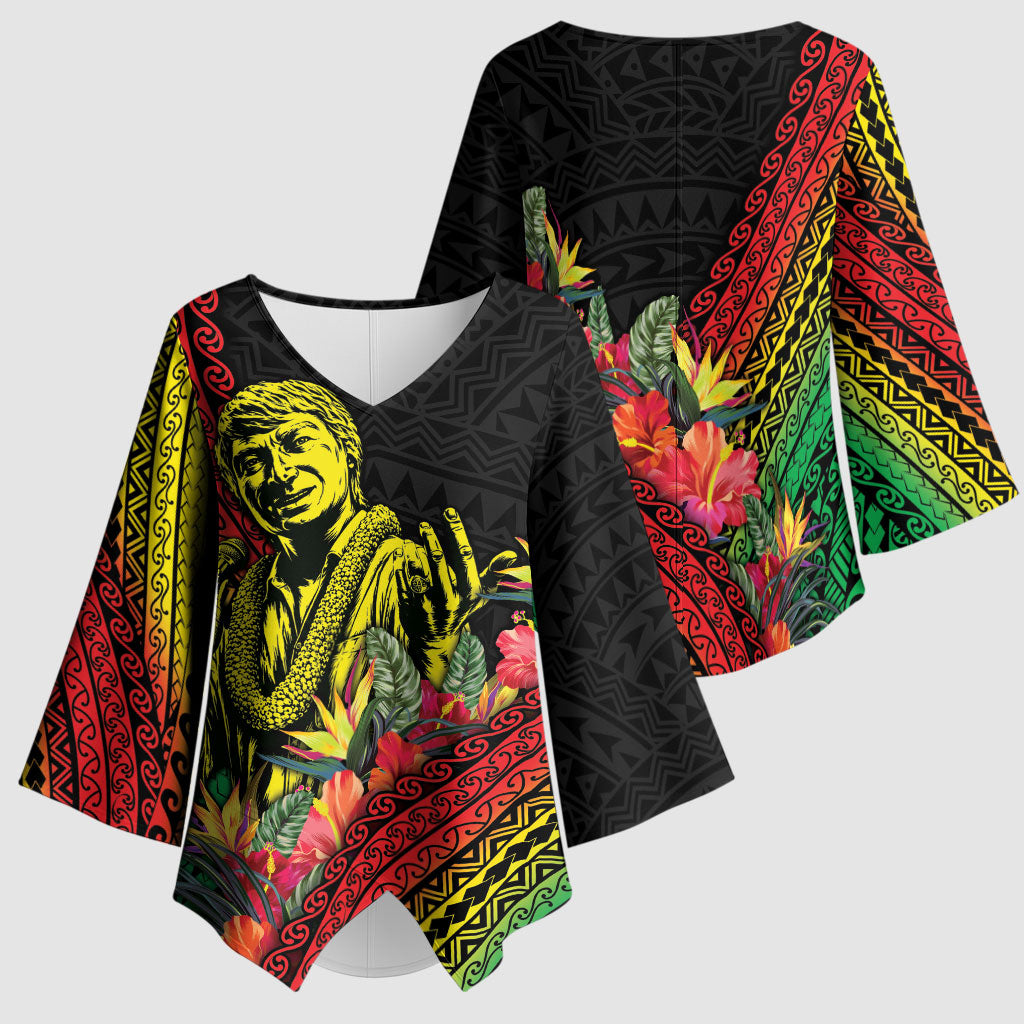 Retro Hawaiian Singer Kimono Sleeve Blouse Polynesian Style Tropical Flowers