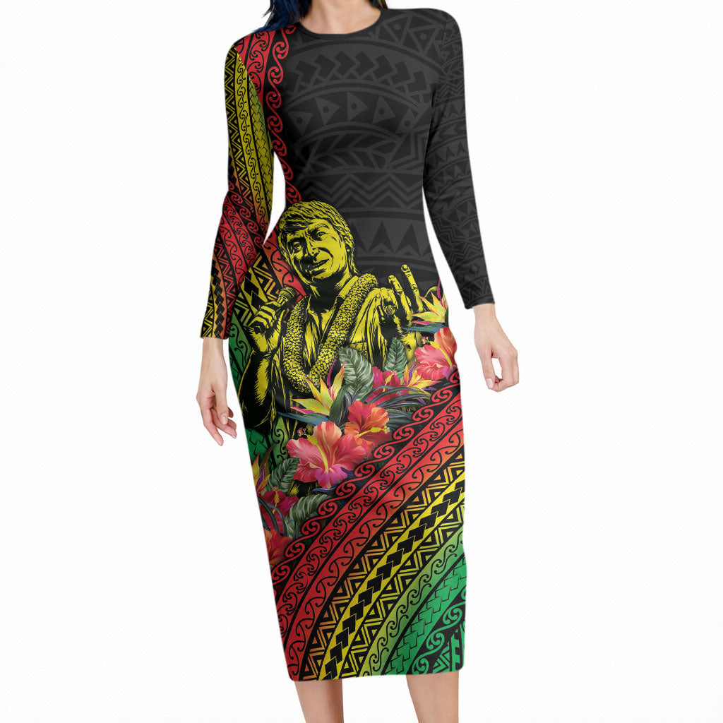 Retro Hawaiian Singer Long Sleeve Bodycon Dress Polynesian Style Tropical Flowers