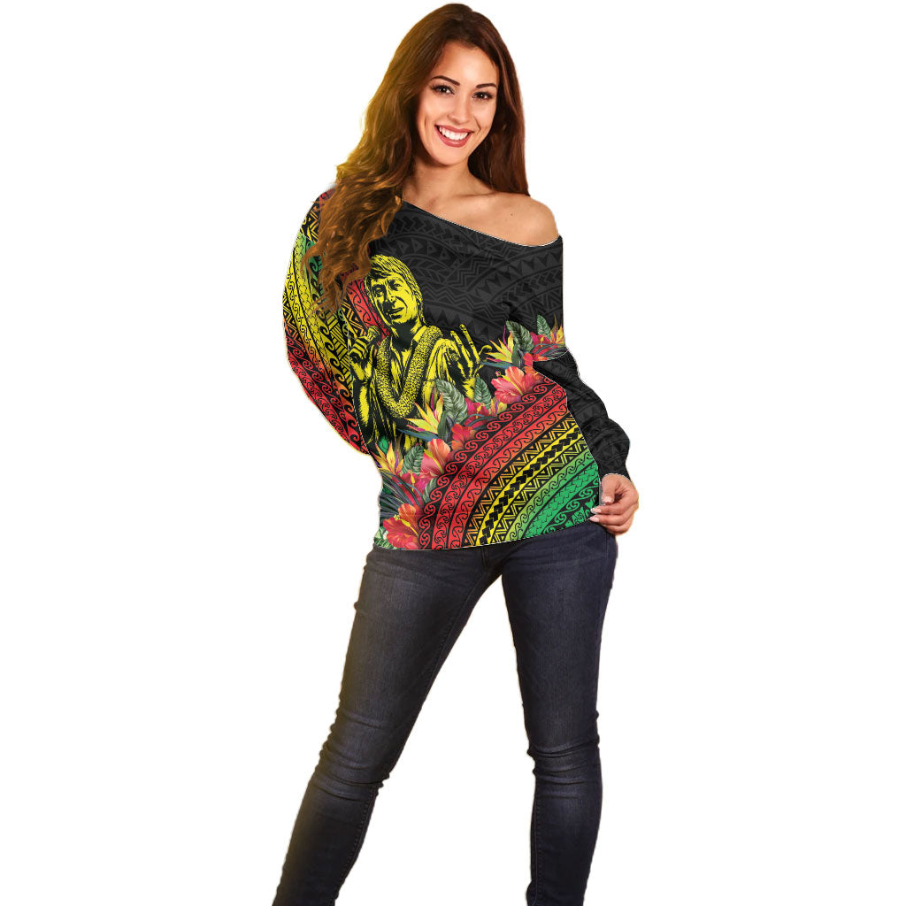 Retro Hawaiian Singer Off Shoulder Sweater Polynesian Style Tropical Flowers