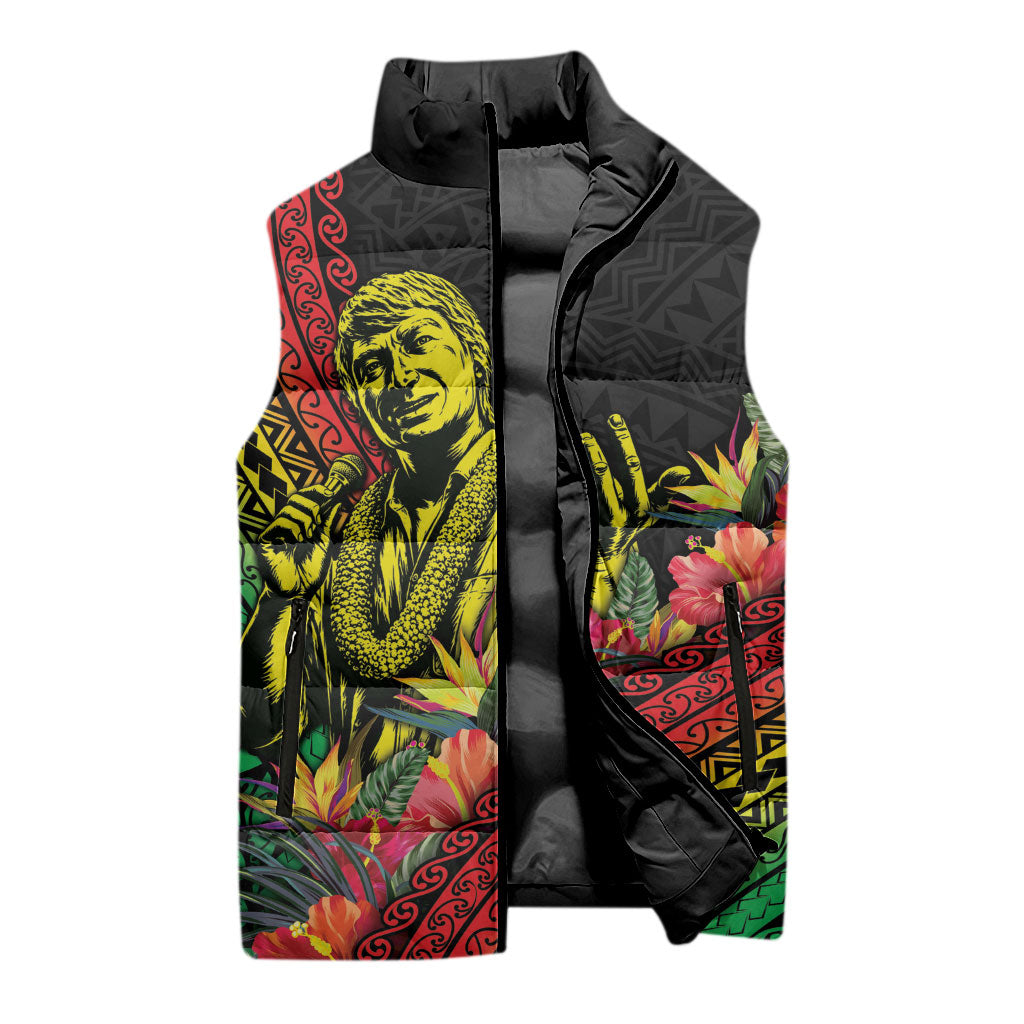 Retro Hawaiian Singer Sleeveless Puffer Jacket Polynesian Style Tropical Flowers