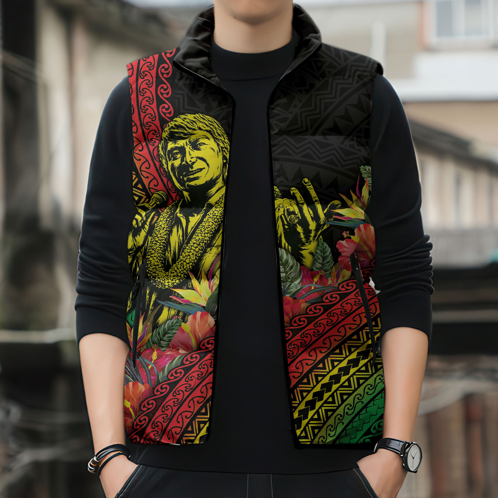 Retro Hawaiian Singer Sleeveless Puffer Jacket Polynesian Style Tropical Flowers