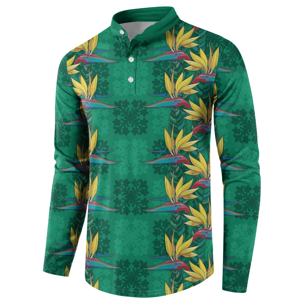 Hawaii Waikiki King Button Sweatshirt Green Quilt With Pua Manu