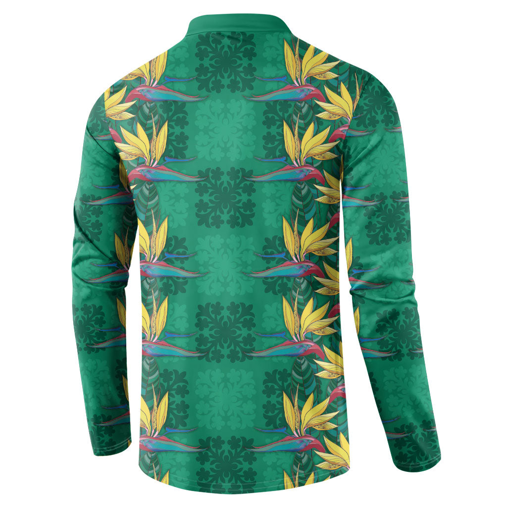Hawaii Waikiki King Button Sweatshirt Green Quilt With Pua Manu
