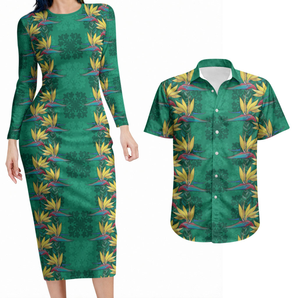 Hawaii Waikiki King Couples Matching Long Sleeve Bodycon Dress and Hawaiian Shirt Green Quilt With Pua Manu