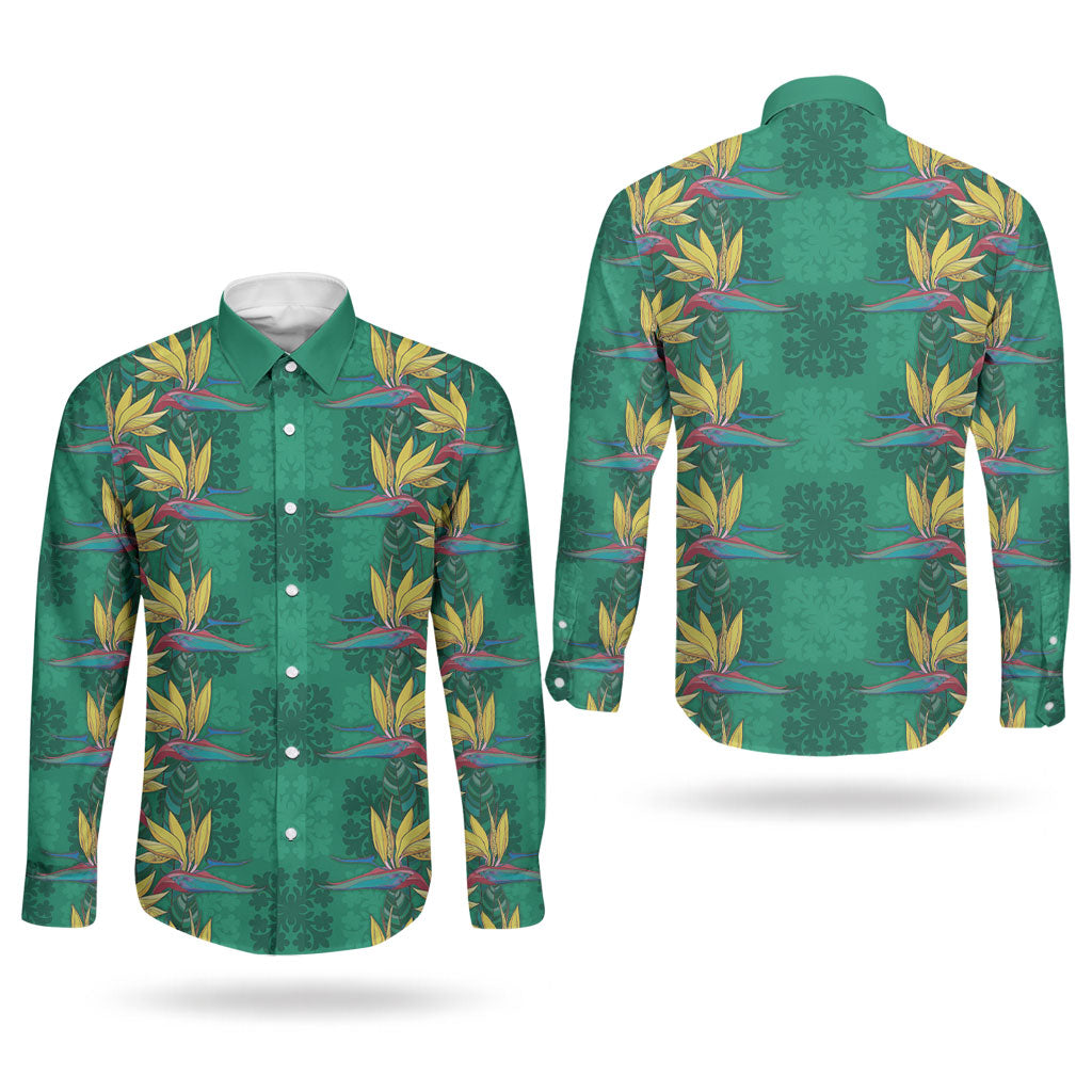 Hawaii Waikiki King Couples Matching Long Sleeve Bodycon Dress and Long Sleeve Button Shirt Green Quilt With Pua Manu LT05 - Polynesian Pride