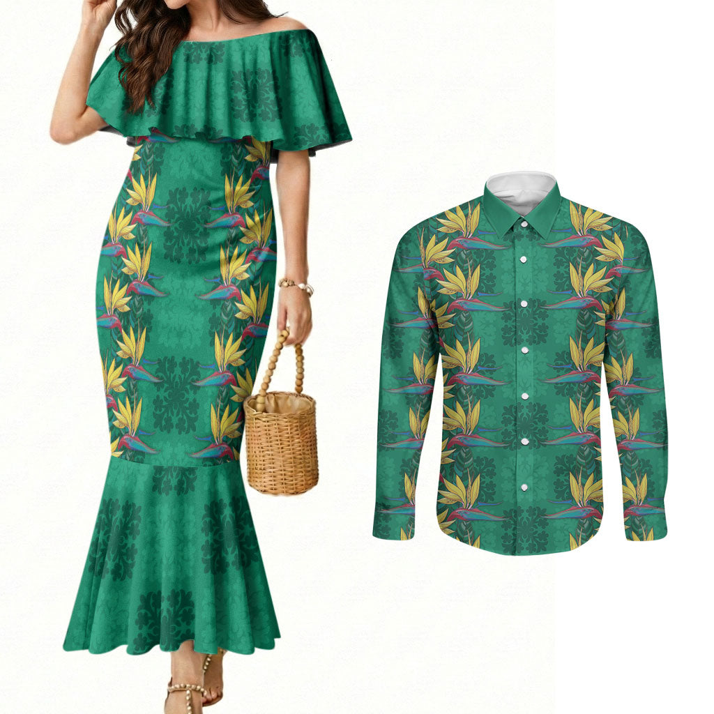 Hawaii Waikiki King Couples Matching Mermaid Dress and Long Sleeve Button Shirt Green Quilt With Pua Manu