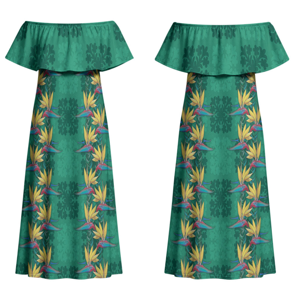 Hawaii Waikiki King Couples Matching Off Shoulder Maxi Dress and Hawaiian Shirt Green Quilt With Pua Manu LT05 - Polynesian Pride