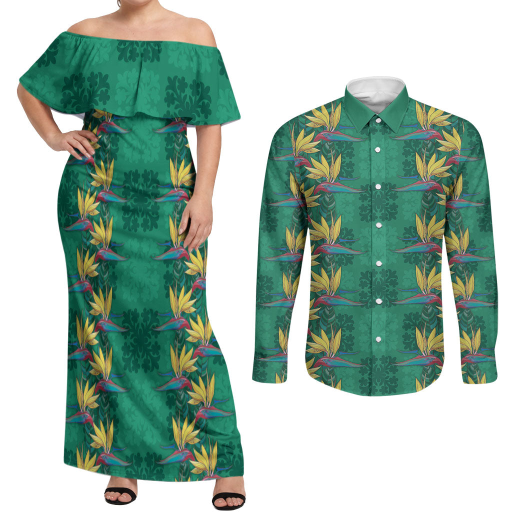 Hawaii Waikiki King Couples Matching Off Shoulder Maxi Dress and Long Sleeve Button Shirt Green Quilt With Pua Manu