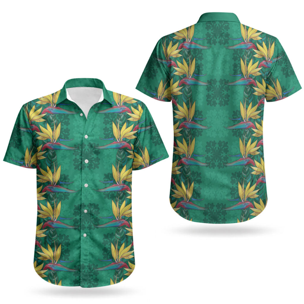 Hawaii Waikiki King Couples Matching Short Sleeve Bodycon Dress and Hawaiian Shirt Green Quilt With Pua Manu LT05 - Polynesian Pride