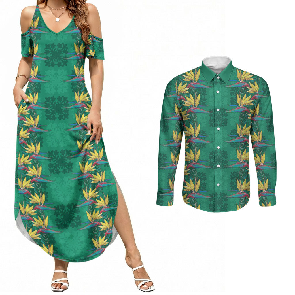 Hawaii Waikiki King Couples Matching Summer Maxi Dress and Long Sleeve Button Shirt Green Quilt With Pua Manu