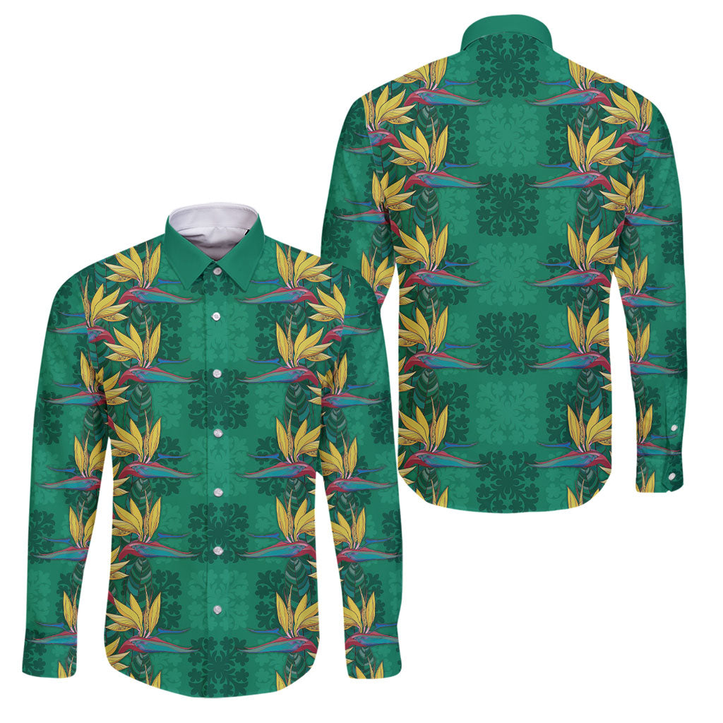 Hawaii Waikiki King Family Matching Mermaid Dress and Hawaiian Shirt Green Quilt With Pua Manu LT05 Dad's Shirt - Long Sleeve Green - Polynesian Pride