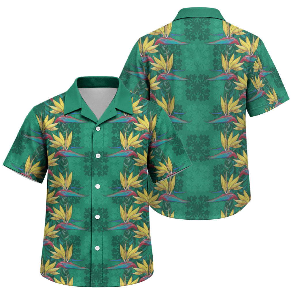 Hawaii Waikiki King Family Matching Puletasi and Hawaiian Shirt Green Quilt With Pua Manu LT05 Son's Shirt Green - Polynesian Pride