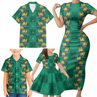 Hawaii Waikiki King Family Matching Short Sleeve Bodycon Dress and Hawaiian Shirt Green Quilt With Pua Manu LT05 - Polynesian Pride