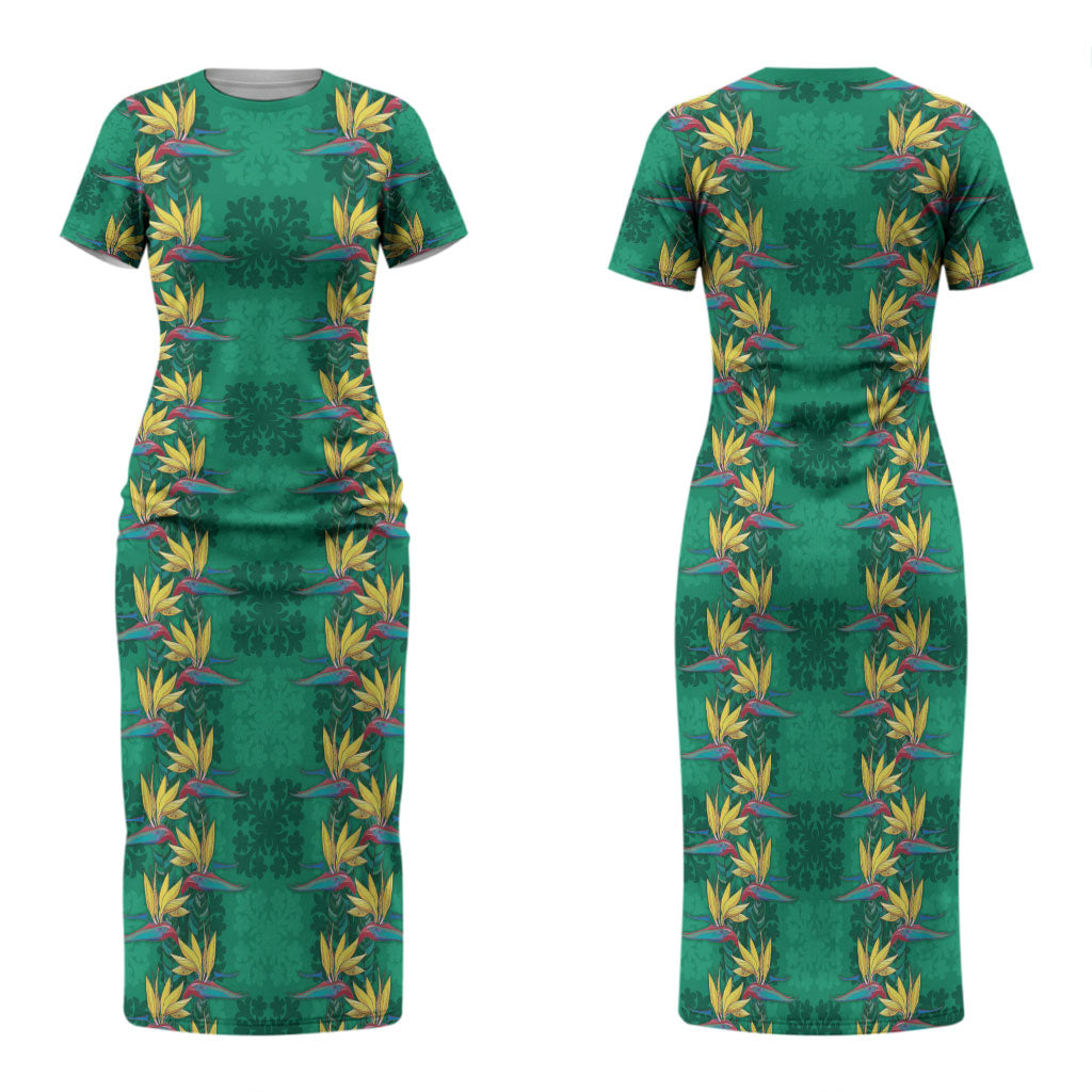 Hawaii Waikiki King Family Matching Short Sleeve Bodycon Dress and Hawaiian Shirt Green Quilt With Pua Manu LT05 Mom's Dress Green - Polynesian Pride