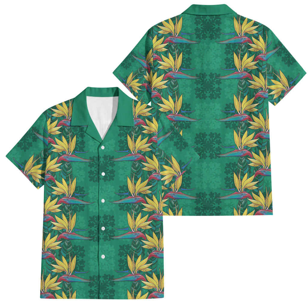 Hawaii Waikiki King Family Matching Summer Maxi Dress and Hawaiian Shirt Green Quilt With Pua Manu LT05 Dad's Shirt - Short Sleeve Green - Polynesian Pride