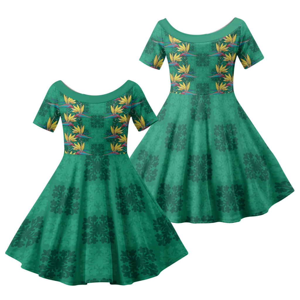 Hawaii Waikiki King Family Matching Summer Maxi Dress and Hawaiian Shirt Green Quilt With Pua Manu LT05 Daughter's Dress Green - Polynesian Pride