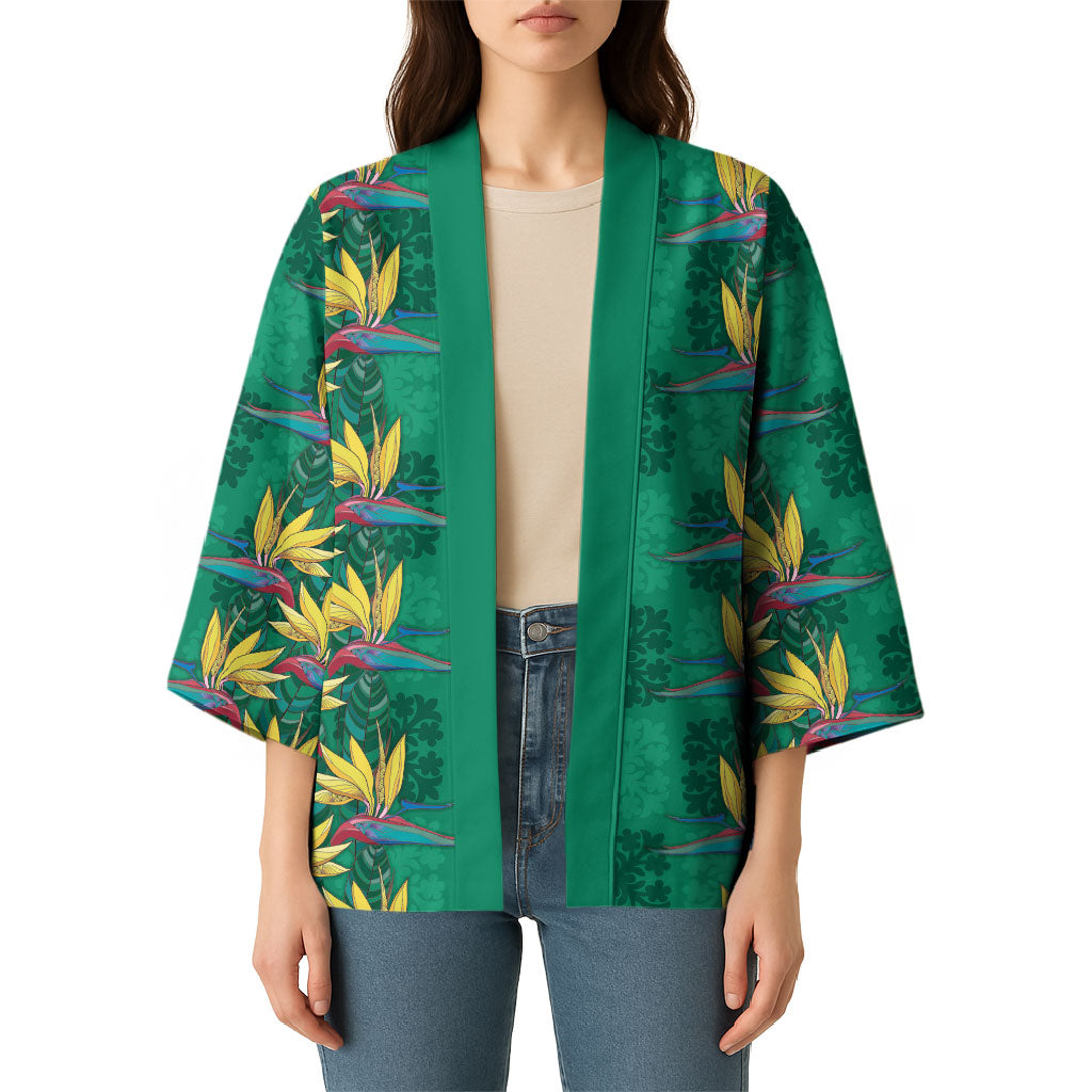 Hawaii Waikiki King Kimono Green Quilt With Pua Manu