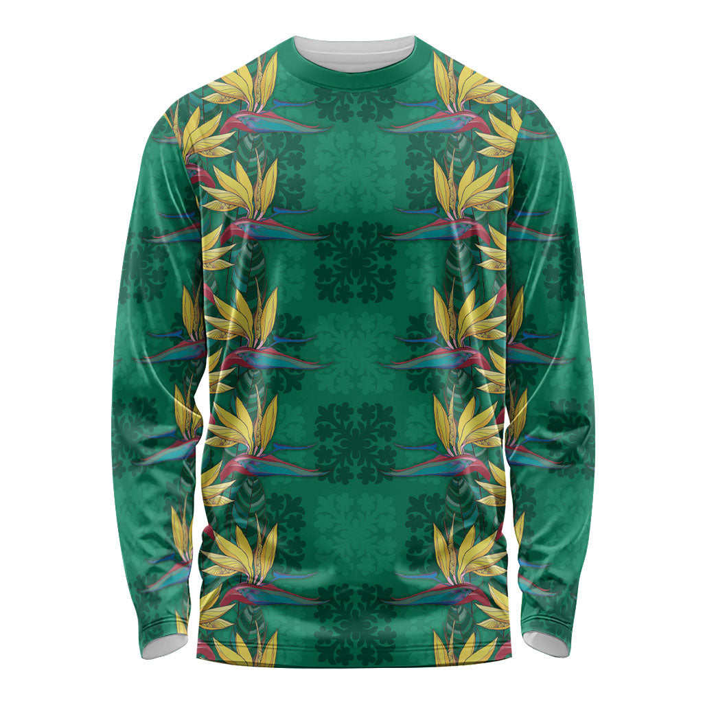 Hawaii Waikiki King Long Sleeve Shirt Green Quilt With Pua Manu