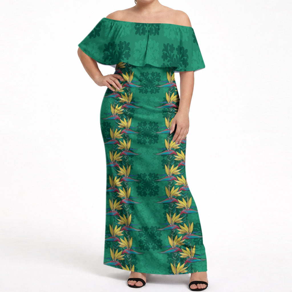 Hawaii Waikiki King Off Shoulder Maxi Dress Green Quilt With Pua Manu