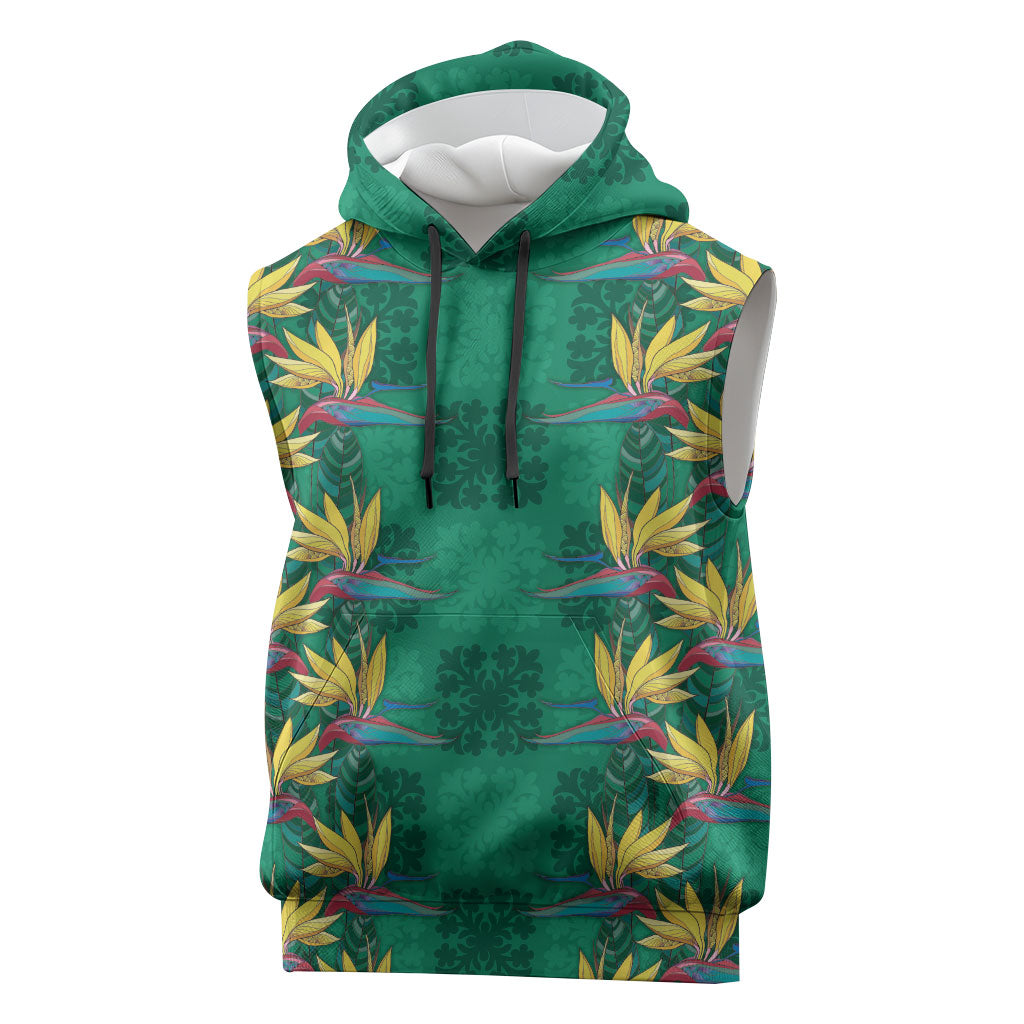 Hawaii Waikiki King Sleeveless Hoodie Green Quilt With Pua Manu