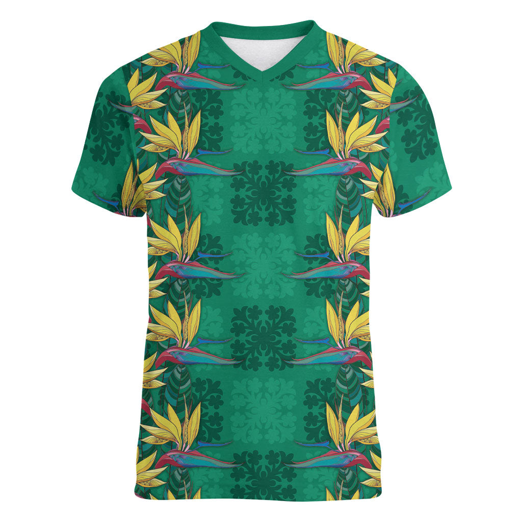 Hawaii Waikiki King Women V-Neck T-Shirt Green Quilt With Pua Manu