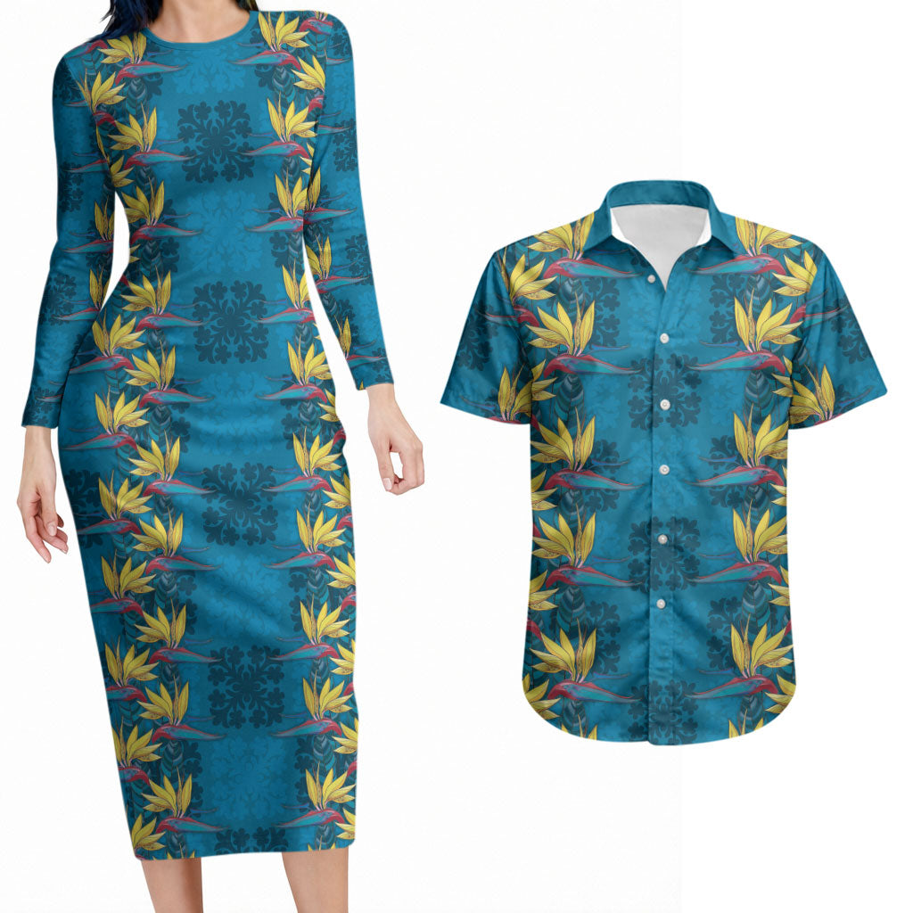Hawaii Waikiki King Couples Matching Long Sleeve Bodycon Dress and Hawaiian Shirt Blue Quilt With Pua Manu