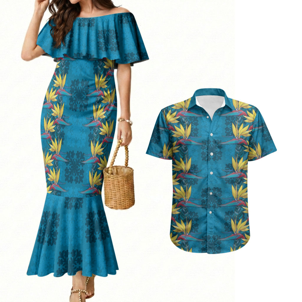 Hawaii Waikiki King Couples Matching Mermaid Dress and Hawaiian Shirt Blue Quilt With Pua Manu