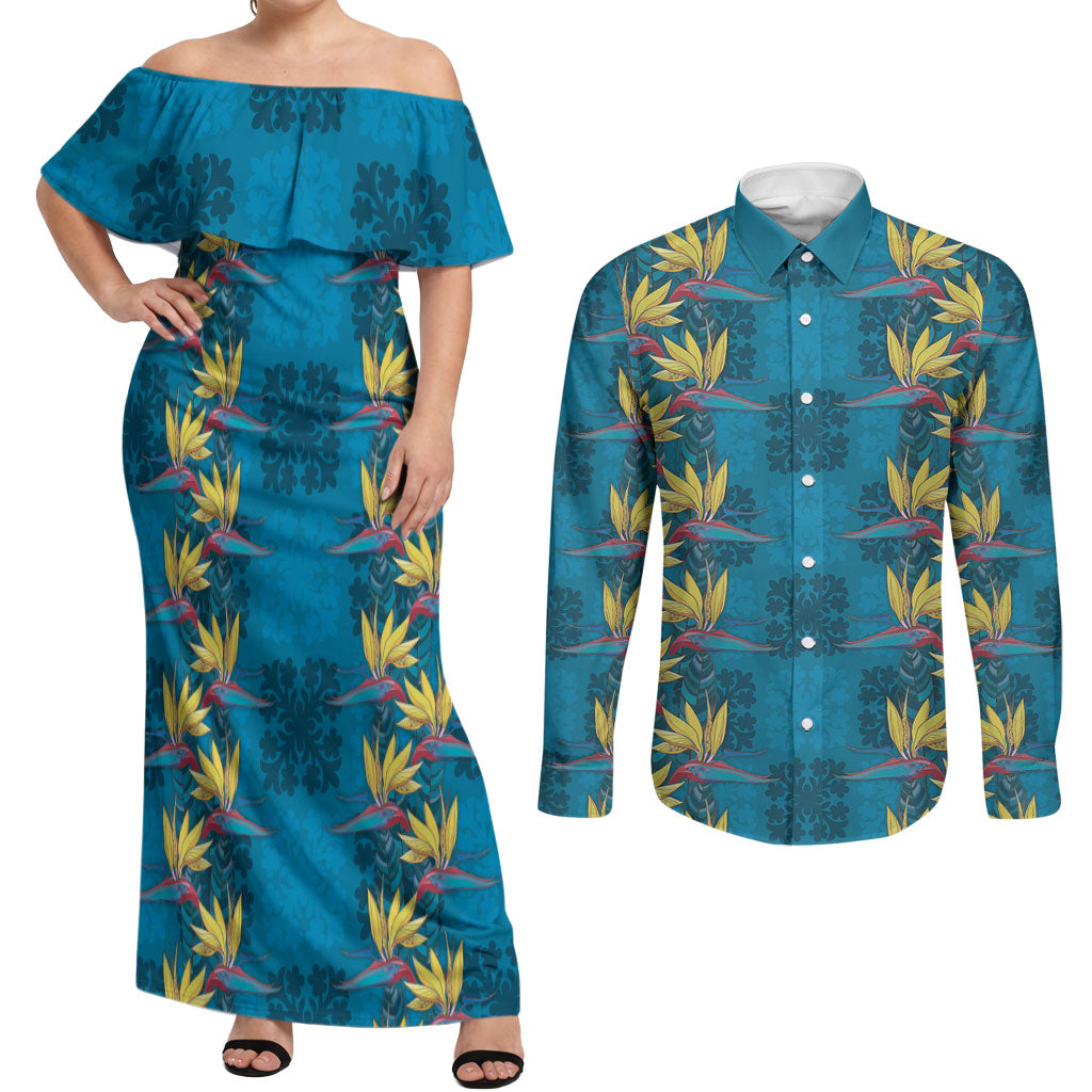 Hawaii Waikiki King Couples Matching Off Shoulder Maxi Dress and Long Sleeve Button Shirt Blue Quilt With Pua Manu