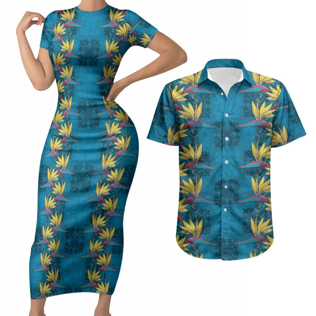 Hawaii Waikiki King Couples Matching Short Sleeve Bodycon Dress and Hawaiian Shirt Blue Quilt With Pua Manu
