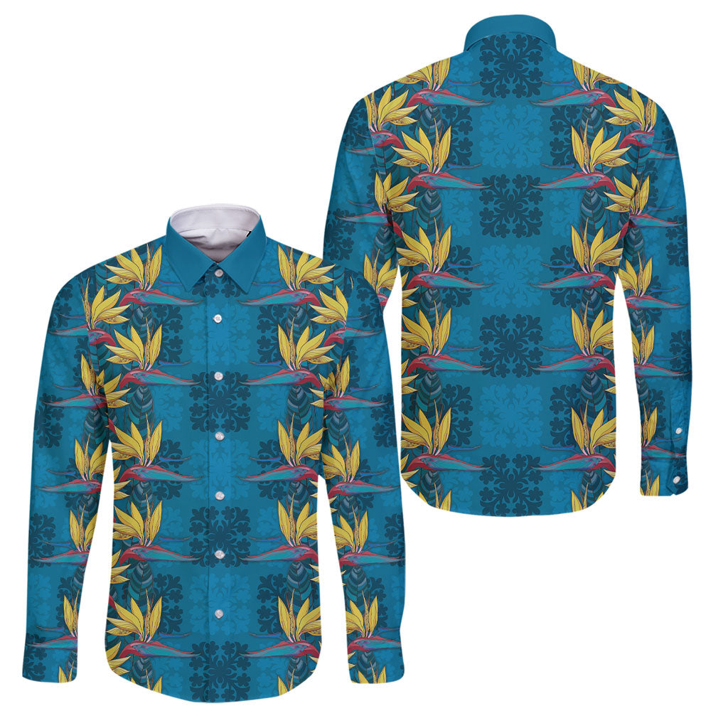 Hawaii Waikiki King Family Matching Mermaid Dress and Hawaiian Shirt Blue Quilt With Pua Manu LT05 Dad's Shirt - Long Sleeve Blue - Polynesian Pride