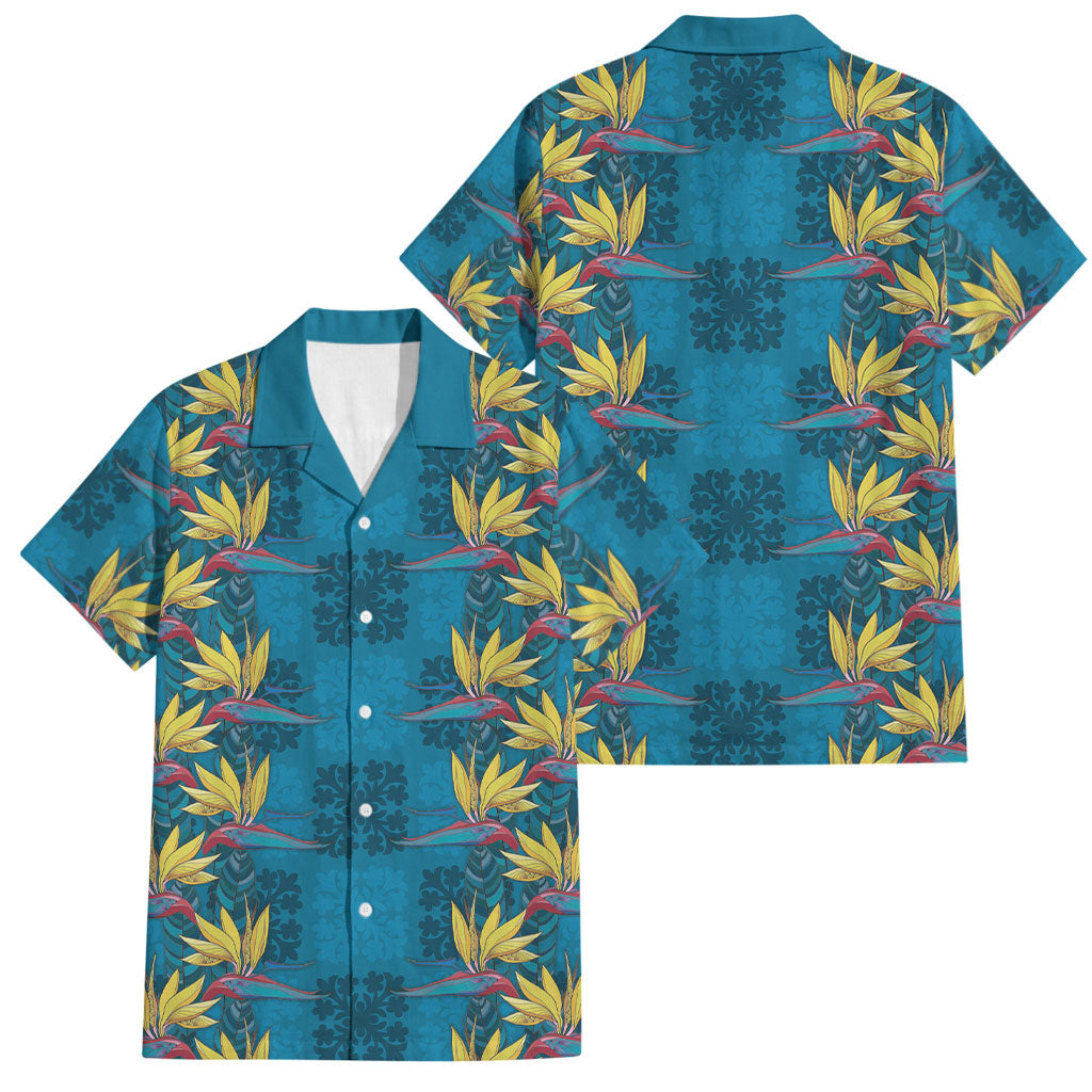 Hawaii Waikiki King Family Matching Off Shoulder Maxi Dress and Hawaiian Shirt Blue Quilt With Pua Manu LT05 Dad's Shirt - Short Sleeve Blue - Polynesian Pride