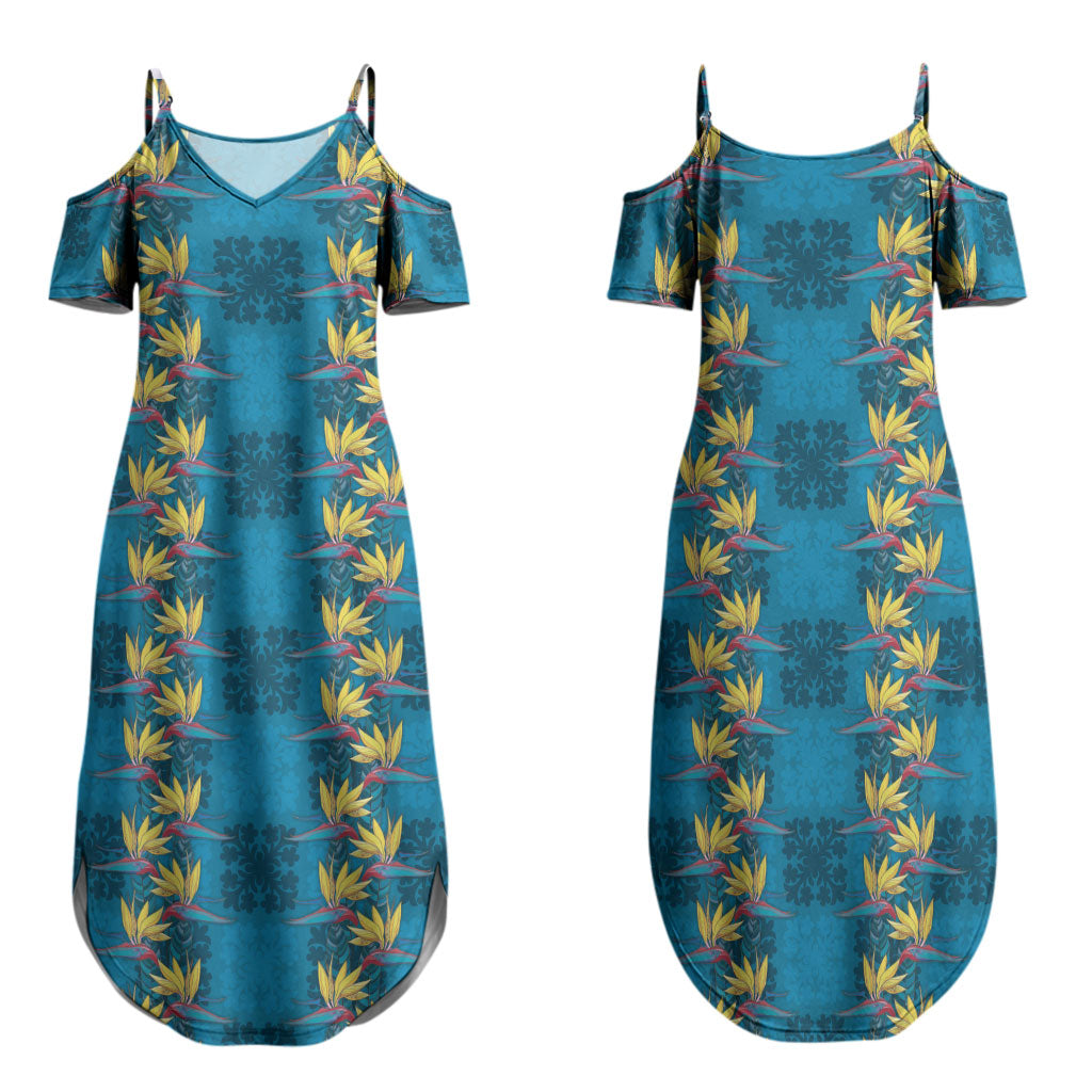 Hawaii Waikiki King Family Matching Summer Maxi Dress and Hawaiian Shirt Blue Quilt With Pua Manu LT05 Mom's Dress Blue - Polynesian Pride