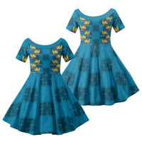Hawaii Waikiki King Family Matching Summer Maxi Dress and Hawaiian Shirt Blue Quilt With Pua Manu LT05 Daughter's Dress Blue - Polynesian Pride