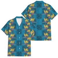 Hawaii Waikiki King Family Matching Tank Maxi Dress and Hawaiian Shirt Blue Quilt With Pua Manu LT05 Dad's Shirt - Short Sleeve Blue - Polynesian Pride