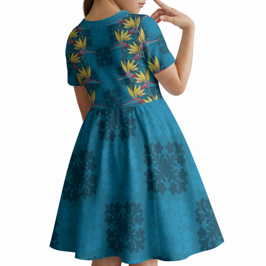 Hawaii Waikiki King Kid Short Sleeve Dress Blue Quilt With Pua Manu LT05 - Polynesian Pride