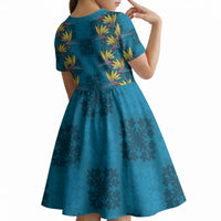 Hawaii Waikiki King Kid Short Sleeve Dress Blue Quilt With Pua Manu LT05 - Polynesian Pride
