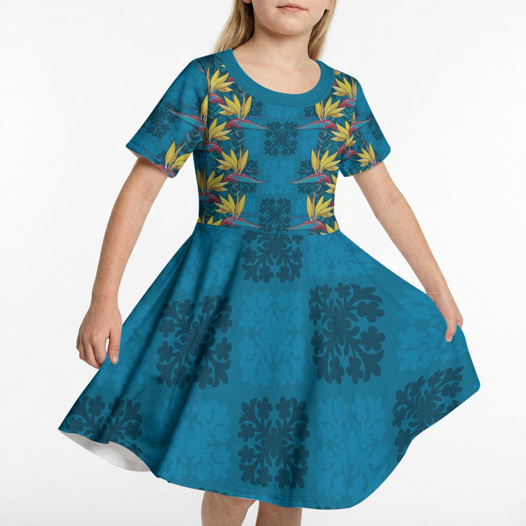 Hawaii Waikiki King Kid Short Sleeve Dress Blue Quilt With Pua Manu LT05 - Polynesian Pride