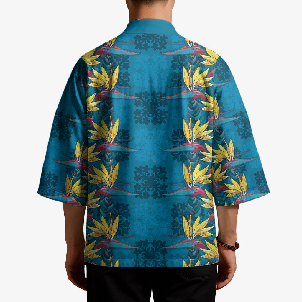 Hawaii Waikiki King Kimono Blue Quilt With Pua Manu