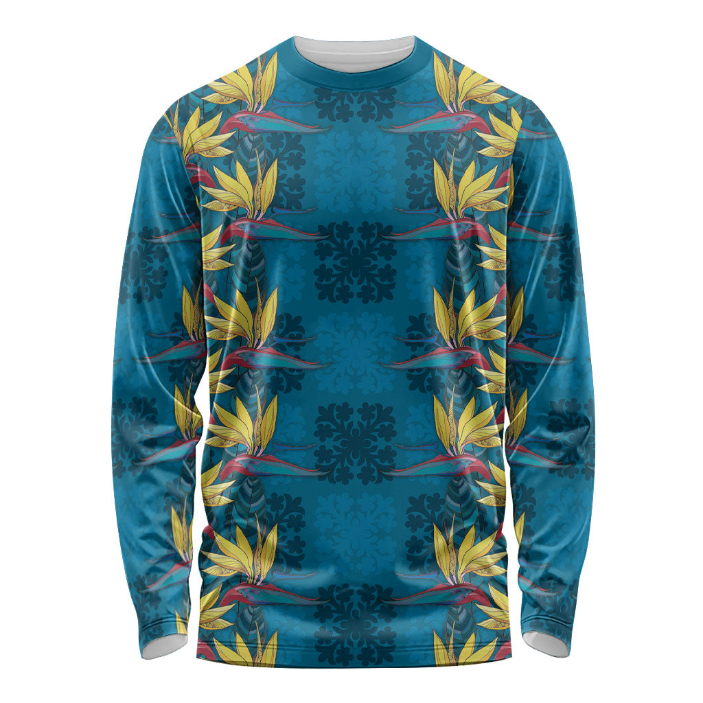 Hawaii Waikiki King Long Sleeve Shirt Blue Quilt With Pua Manu