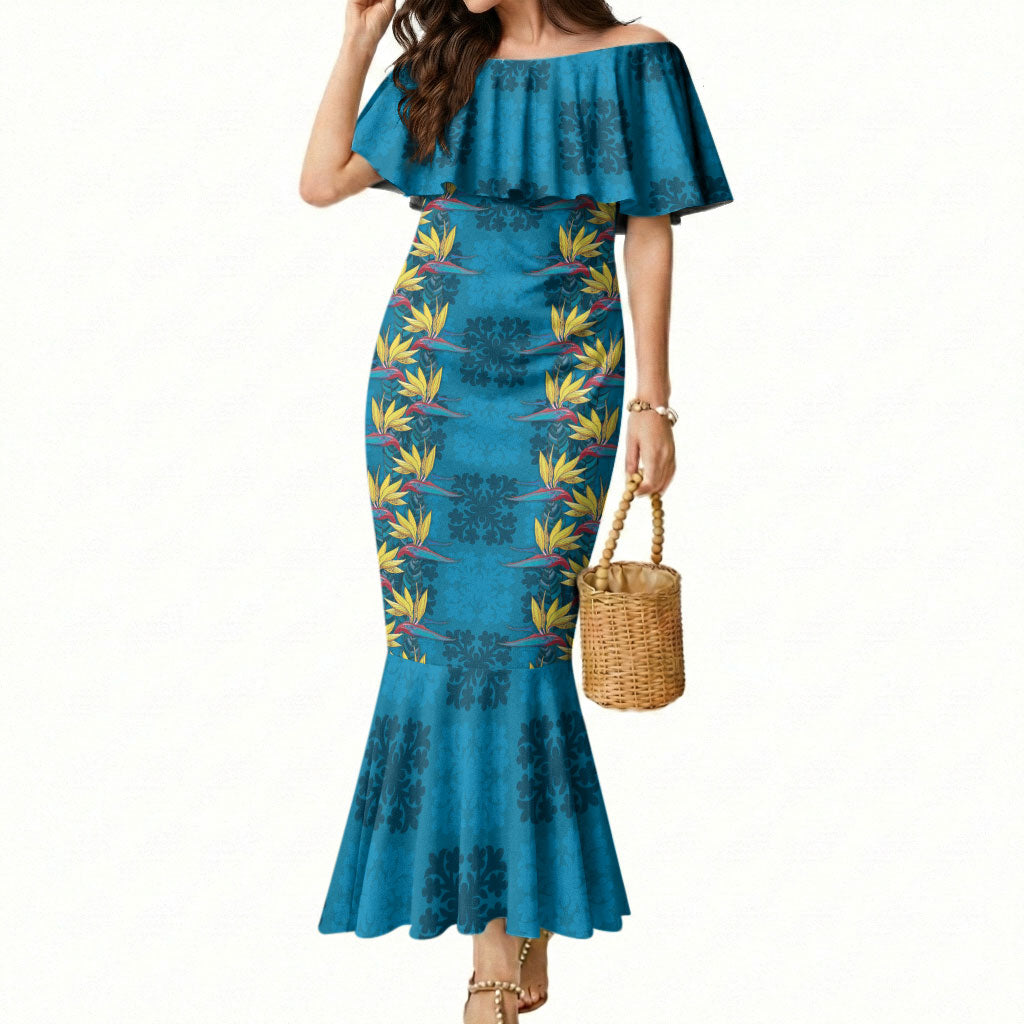 Hawaii Waikiki King Mermaid Dress Blue Quilt With Pua Manu